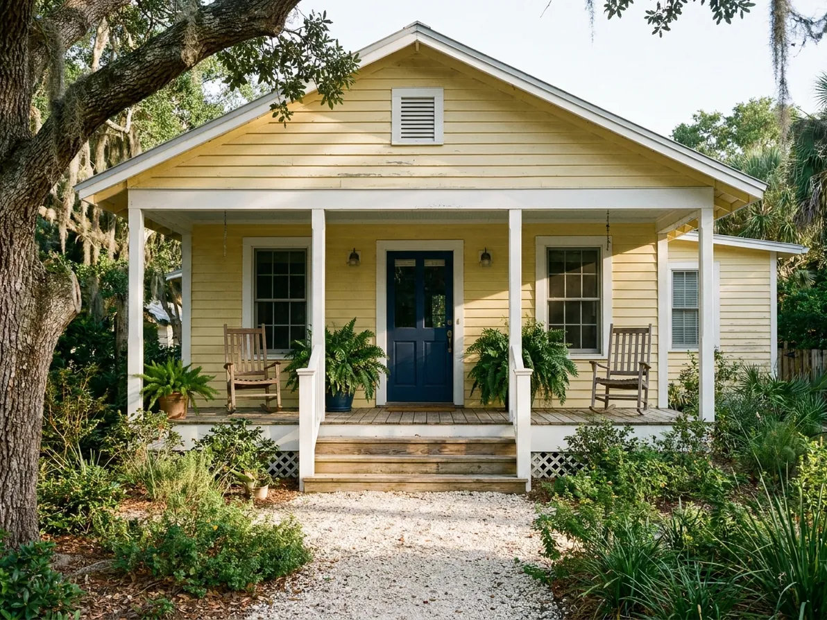 Yellow cottage with a navy door and fern-filled porch