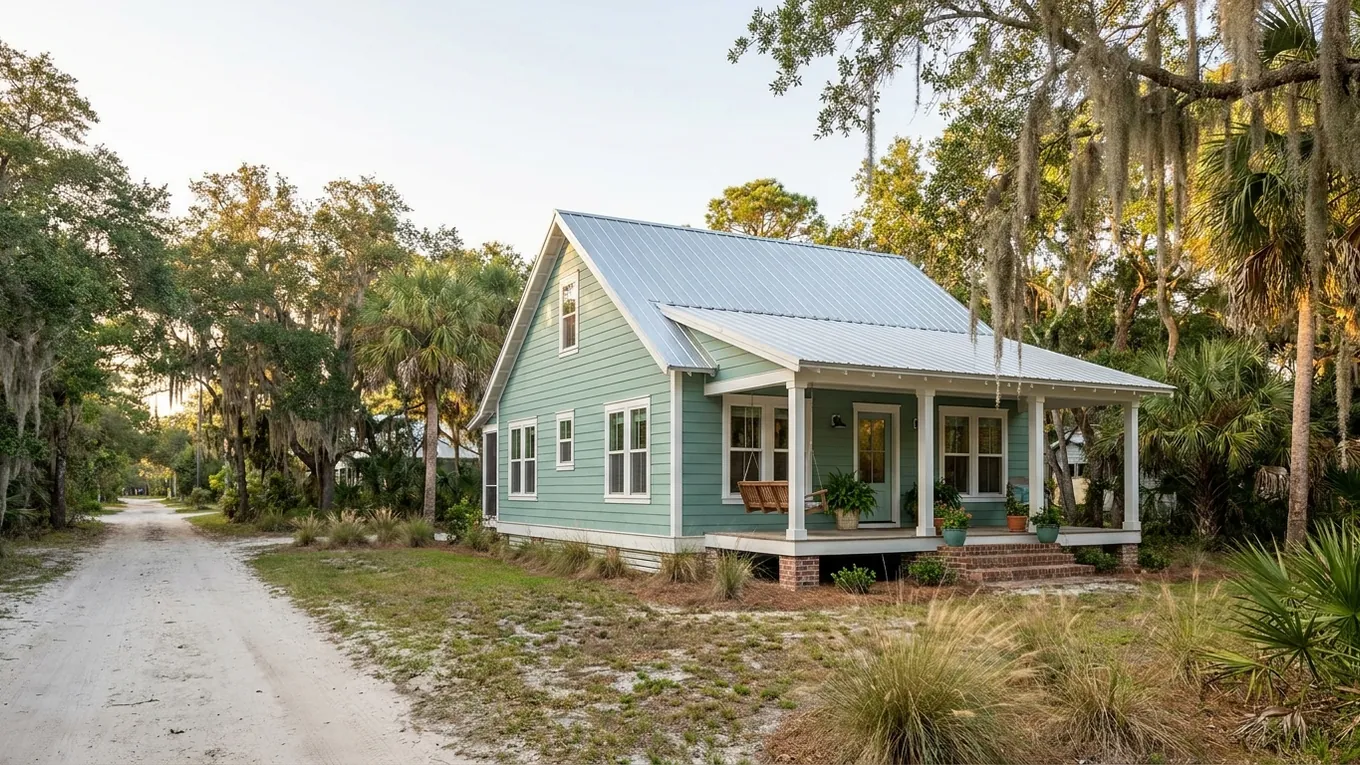 Seafoam cottage with a metal roof and a small front porch